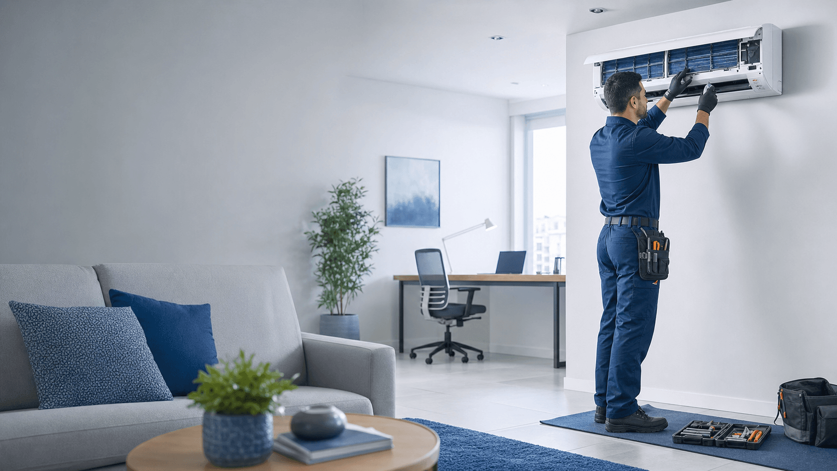 Técnico da Climatiza Service avaliando ar-condicionado